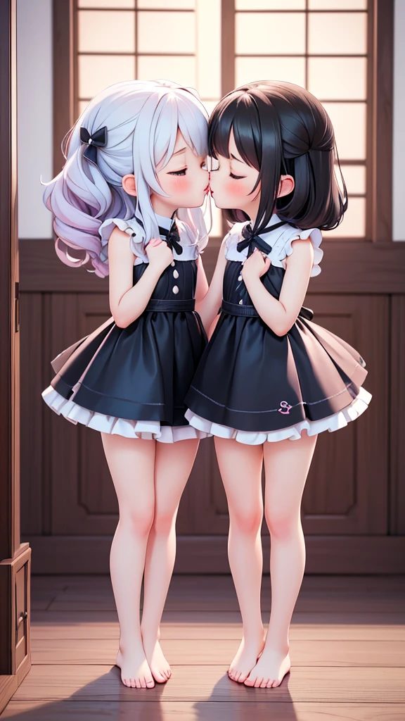 ((girly, 2girls)), (petite kawaii, bishojo), (shy, kawaii face), ((masterpiece)), (best quality), (ultra detailed), ((highres)), (exquisite), (depth), (high standard), (beautiful and aesthetic), (super detailed skin), (perfect anatomy), (full body), (blush), (slipless dress), (bare foot), ((closed eyes, kiss)), (lipstick), (one room), ((ecstasy)), (white, blue, black)