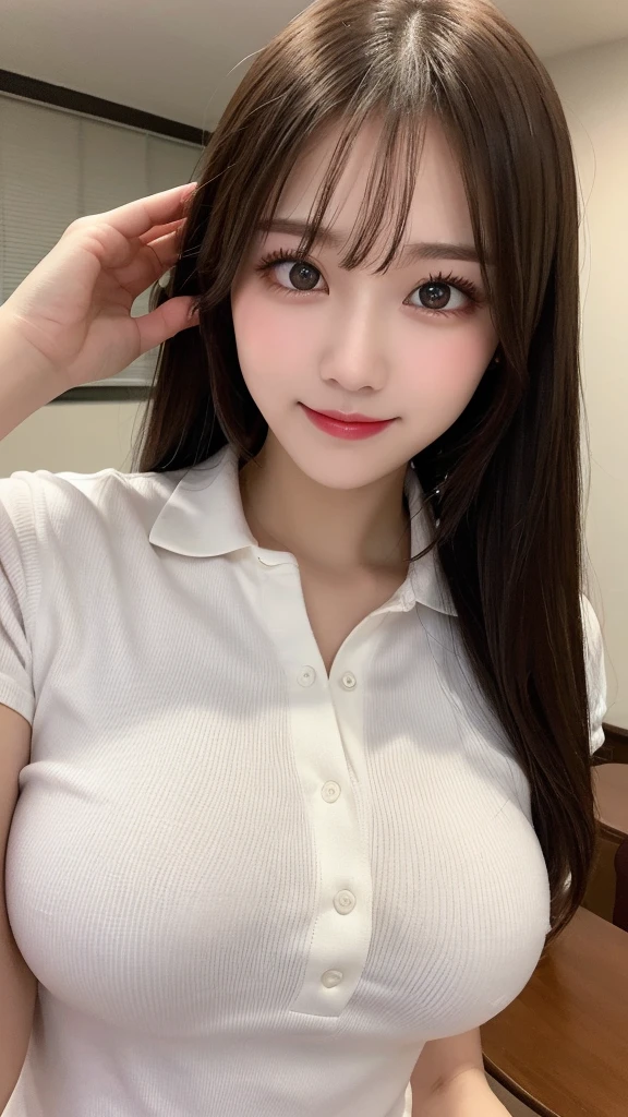 Tabletop, Highest quality, shape, Very detailed, finely, High resolution, 8k wallpaper, Perfect dynamic shape, Beautiful and beautiful eyes, Natural Lip, (Big Breasts:1.4), Random sexy poses,RAW Photos,cute,smile、Polo shirt - Bust coordination、