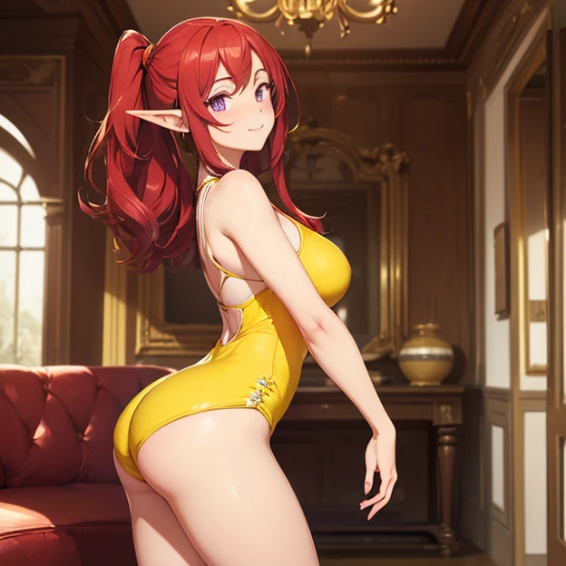 (absurdres, best high quality image, very detailed character and image, carefully detailed textures and pixels, carefully detailed character and image, very detailes features and textures)
{{1character: 27 years old elf girl common citizen}, (Scarlet Red long straight hair, fair skin, light purple eyes, beauty, short pointy elf ears, beautiful face, beautiful features, big breasts, voluptous body, beautiful legs, big butt), (Yellow one-piece leotard with short leggings, yellow sport shoes, yellow wristbands, flower adorning her hair), (sweet cheeeful smile, nice sweetest girl), (house living room)}}