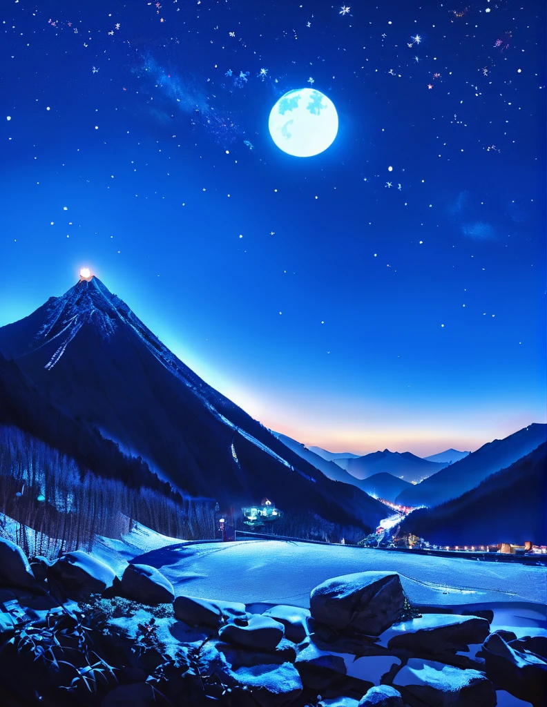 China's Laojun Mountain, night scene with a background of twinkling stars and a shining moon