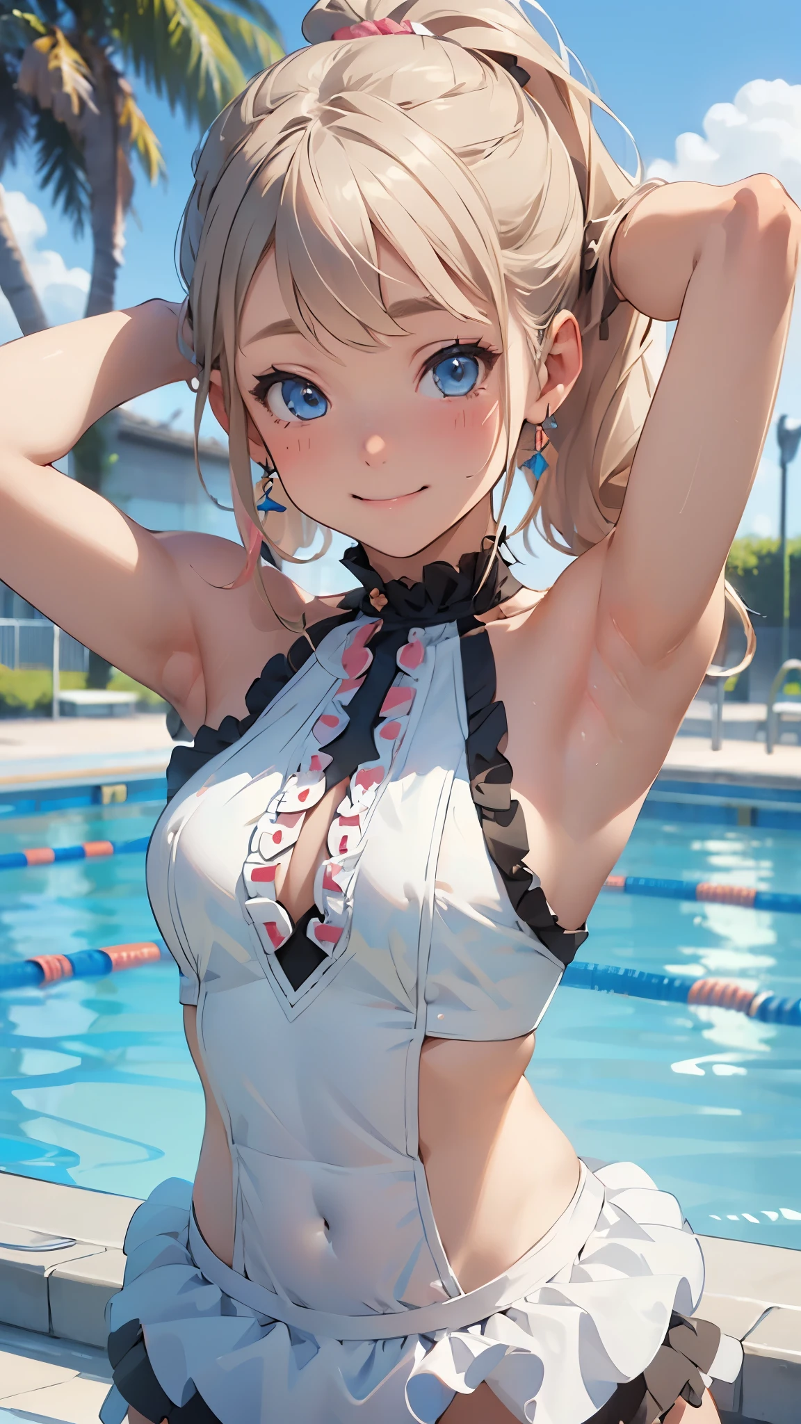 nsfw, (perfect anatomy, balanced proportions, extremely cute illustration:1.1), poolside, blond hair, blue eyes, wavy long hair, ponytail, hairstyle with the bangs cut in half, arms behind head, armpits,  (embarrassed, smiling), (detailed gorgeous colorful idol costume with a lot of frills), baby face, (cute round face),