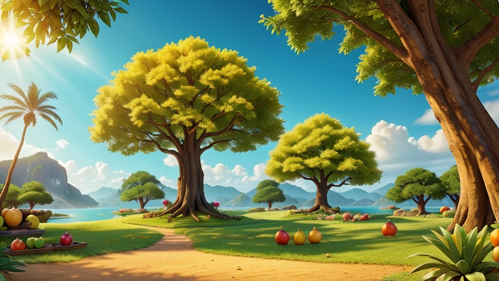 Fantasy photos of a gold tree in a very large and beautiful paradise of candy and fruits