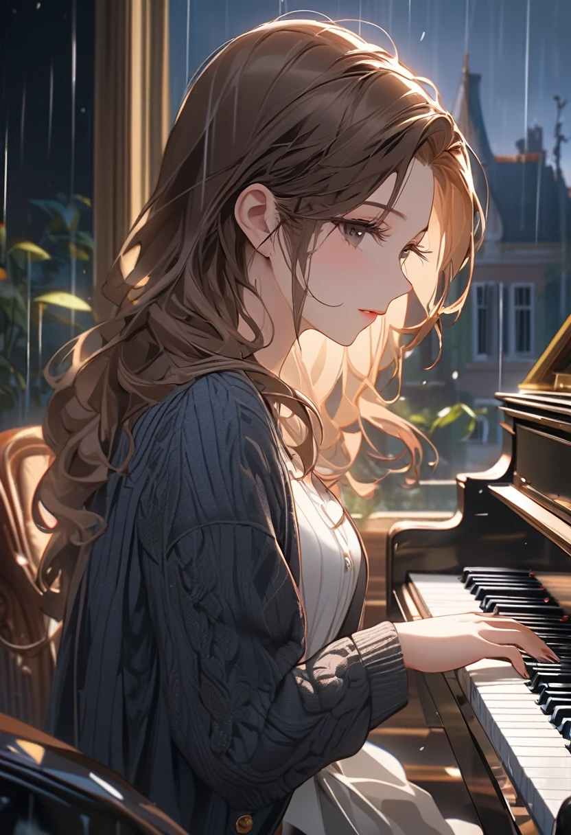 ((Highest quality)), ((masterpiece)), (detailed), masterpiece, best quality, high quality, detailed, ultra detailed, beautiful, exquisite, insanely detailed, hyper detailed, FHD, Full-HD, 4K, 8K, 16K, highres, absurdres, 1 woman, mansion, She plays the piano, neutral, serious look, looking to the piano, side view, semi long, brown hair, black eyes, pale skin, detailed face, with a piano, cardigan, skirt, beauty mark, nail polish, delicate facial features, in the room, with a window, at night, with rain