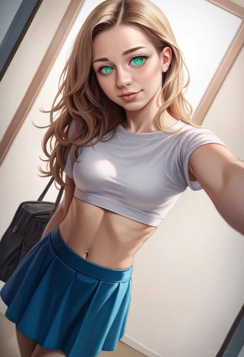 a young boy with brown hair and blue eyes, a girl with shoulder-length blonde hair and green eyes wearing a skirt and crop top, selfie perspective as the girl, anime style, (best quality,4k,8k,highres,masterpiece:1.2),ultra-detailed,(realistic,photorealistic,photo-realistic:1.37),vivid colors,professional,cute,beautiful detailed eyes,beautiful detailed lips,extremely detailed eyes and face,longeyelashes,charming,fashionable,natural lighting,dynamic angle,intimate,emotional,tender,romantic