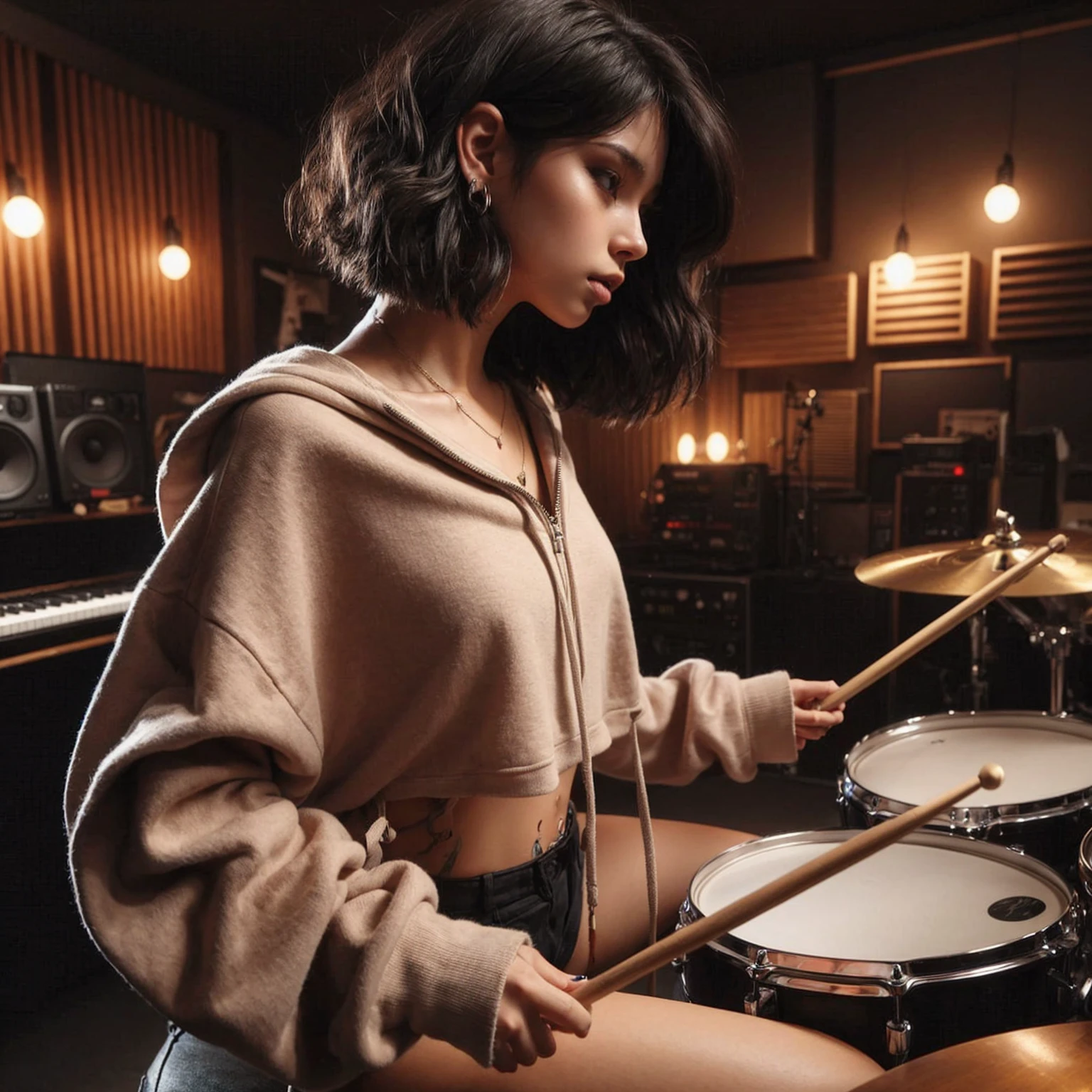 "Photo of a beautiful 19-year-old girl, playing drums in a music studio, with black wavy bob hair, wearing an oversized hoodie, hot pants, detailed music room, photo taken from the side, masterpiece, 4k, realistic photo"