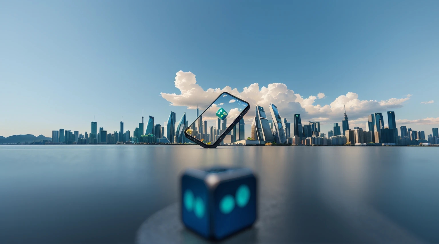 there is a blue dice with a City as background, tech City as background, City background, depicted as a 3 d render, City as background, City background, Detailed photos of the virtual world, 3d icons for mobile games, Background of the city, with a City as background, City skyline in the background