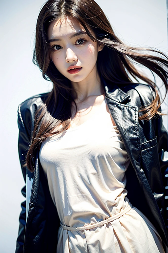 1 girl,coat,white background,