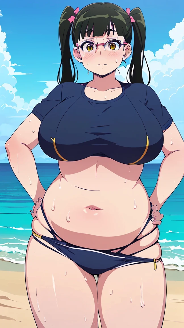 high quality、high resolution、Masterpiece、nikuko(galko),twintail,black hair,(fat,chuby,plump,wide hip,thick tighs:1.1),eye glasses,yellow eyes,(gigantic breasts),(bikini,beach,blush,sweat,strap_pull,skindentation,hands on hip:1.4)