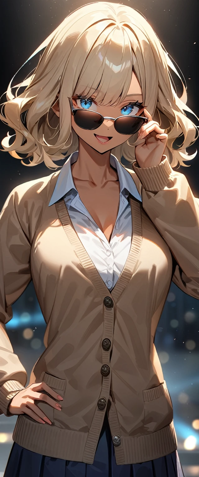 (((One girl))), ((tanned skin:1.3)), blond hair, inwardly curled hair, ((sunglasses, hand to sunglasses)), open mouth, stick out tongue, ((one hand on hip)), ((bob cut:1.3, wavy hair)), full makeup, Eyeshadow, Mascara, breasts, (cowboy shot), standard body, (looking at viewer), collarbone, ((cardigan)), ((((school winter uniform, white unbuttoned shirt, skirt)))), (open collar), ((sleeves past wrists)), teenager, head tilt:1.3, (((blue eye))), ((happy smile)), (((anime style))), (best quality, 4k, 8k, highres, masterpiece:1.2, ultra-detailed, ultra-detailed eyes, HDR, UHD, studio lighting, ultra-fine painting, sharp focus, physically-based rendering, extreme detail description, professional, vivid colors, bokeh), ((Highest quality, Best image quality, Ultra-high resolution, Ultra-high resolution, solo, Strong eye highlights)), Depth of written boundary, Natural soft light, attractive, Beautiful Face, Cleanliness, Pure Face, nedium chest, Beautiful Face, Perfect Fingers, Perfect hands, Perfect body, Perfect Face, Shine a light into your eyes, Perfect Anatomy
