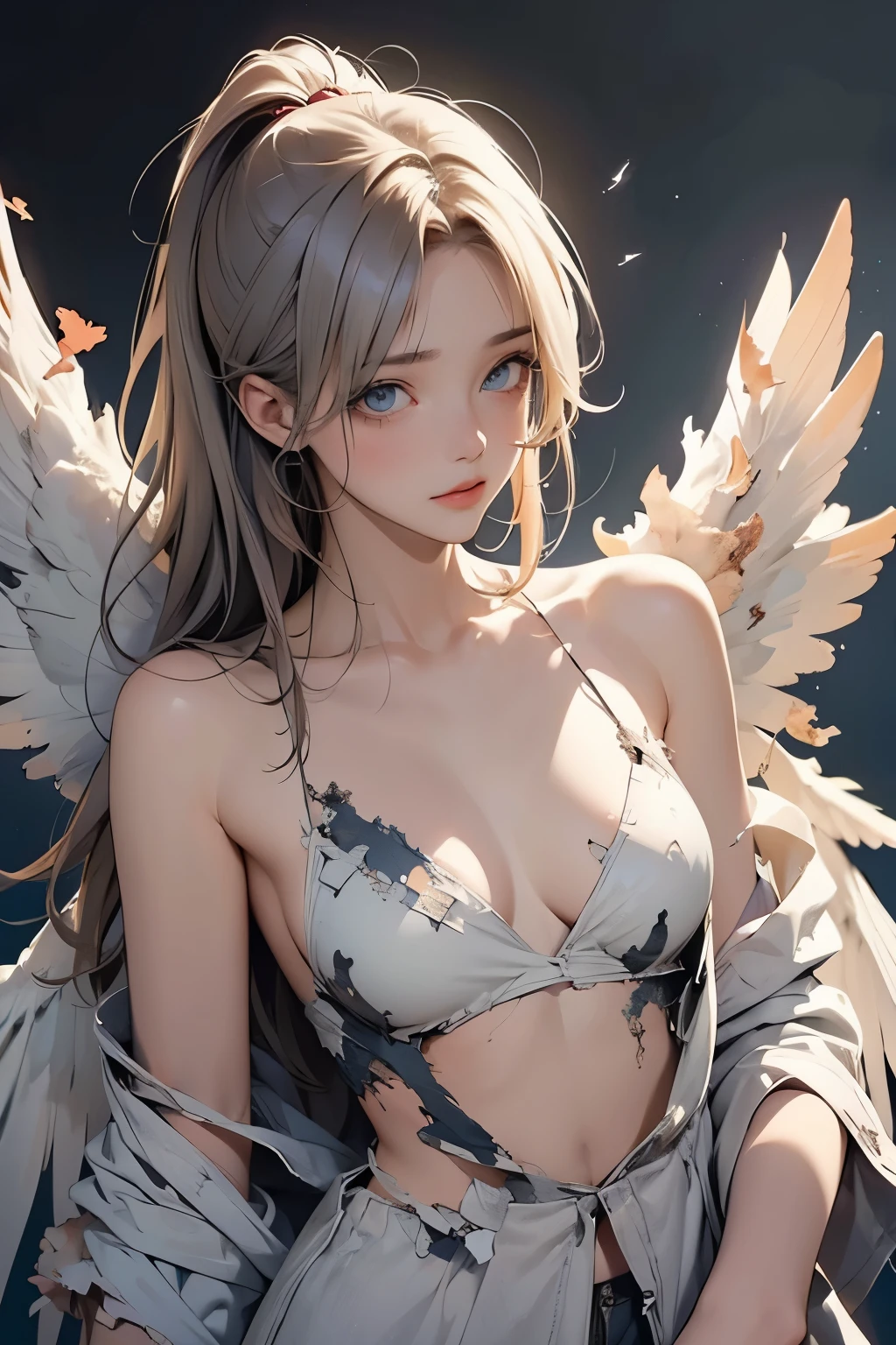 Angel with Broken Wings、(Tattered Wings:1.4)、Sexy and cute、Tired look、