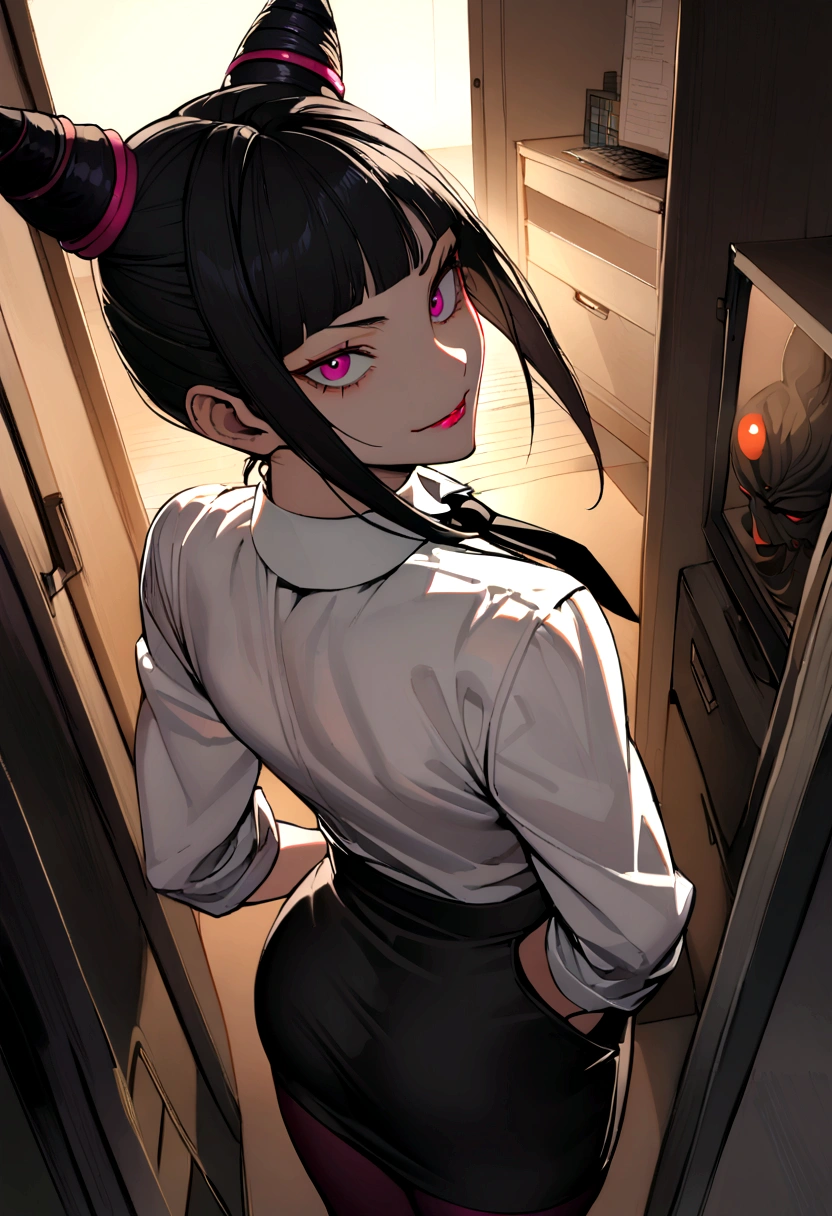 juri han, looking back,hands in pocket,work of art, tight white secretary shirt with black tie, black high waist skirt, short skirt,stocking, black hair, black tightscary sun,office,bangs on the eyes,lighting,horn of hair,view from above,evil smile,Linda