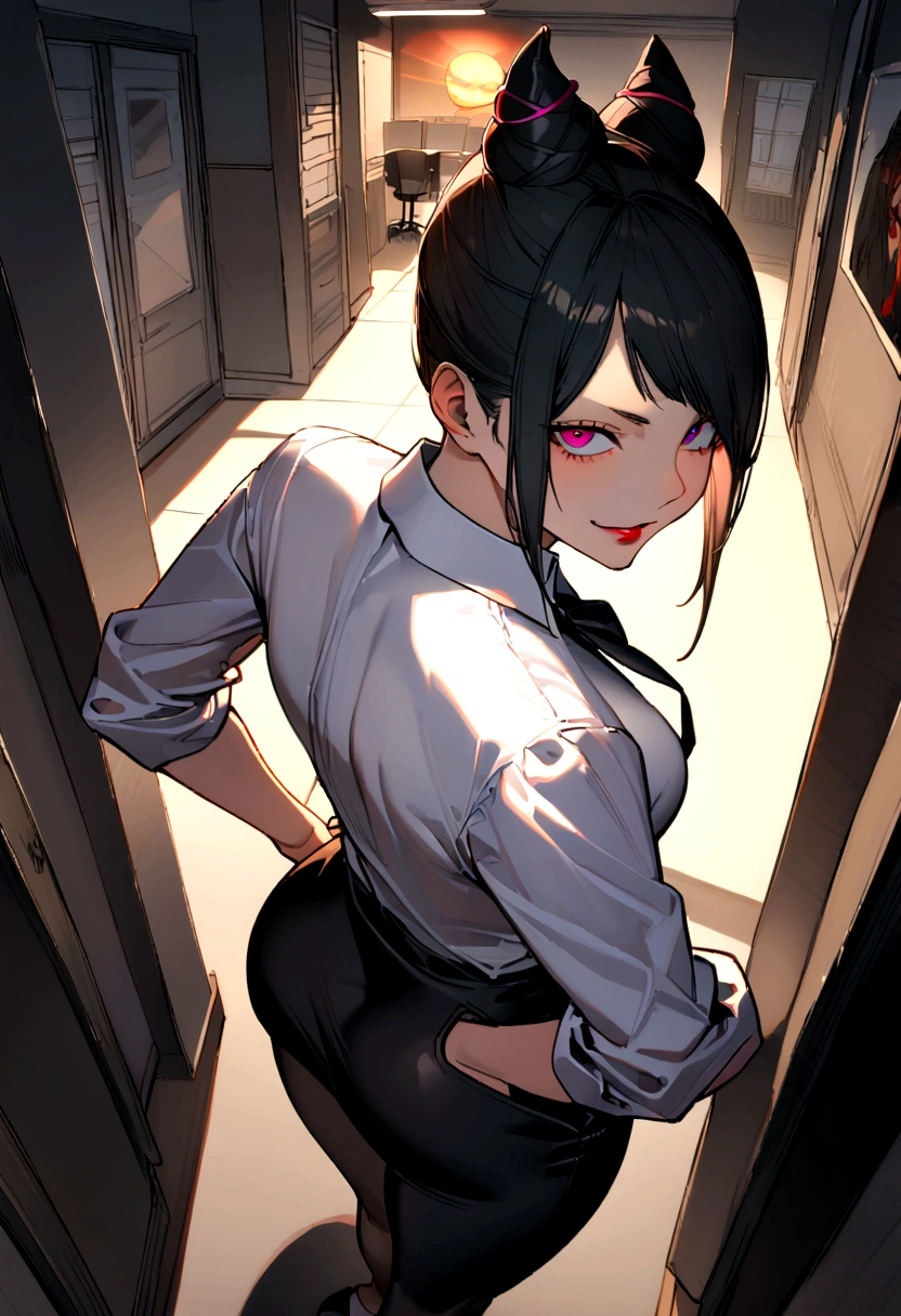juri han, looking back,hands in pocket,work of art, tight white secretary shirt with black tie, black high waist skirt, short skirt,stocking, black hair, black tightscary sun,office,bangs on the eyes,lighting,horn of hair,view from above,evil smile,Linda
