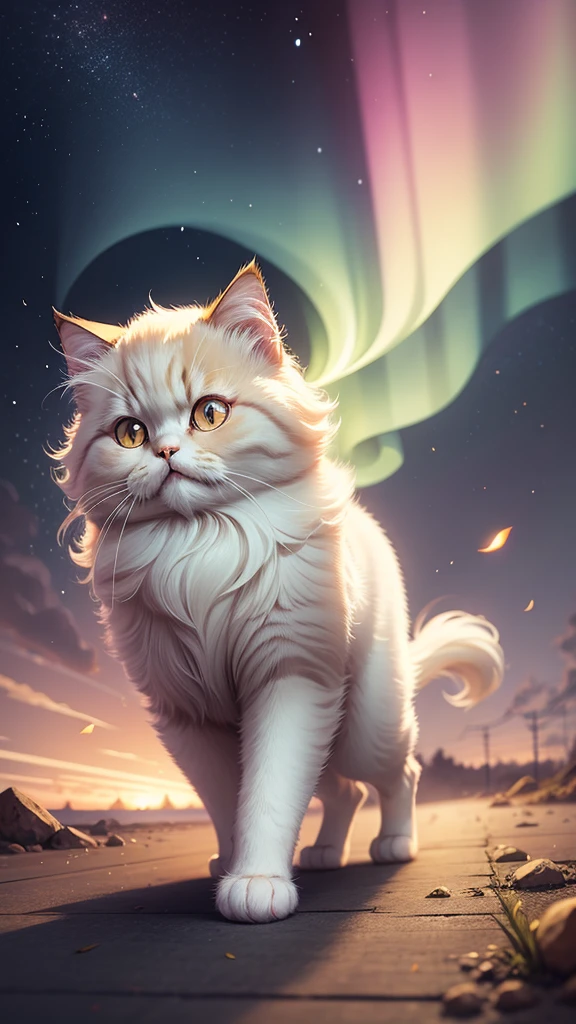 cute persian cat, Illustration, No background, アニメ,walking in aurora calico cat