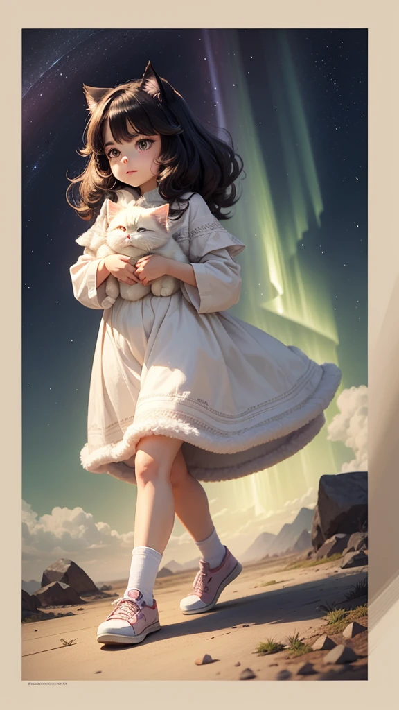 cute persian cat, Illustration, No background, アニメ,walking in aurora calico cat