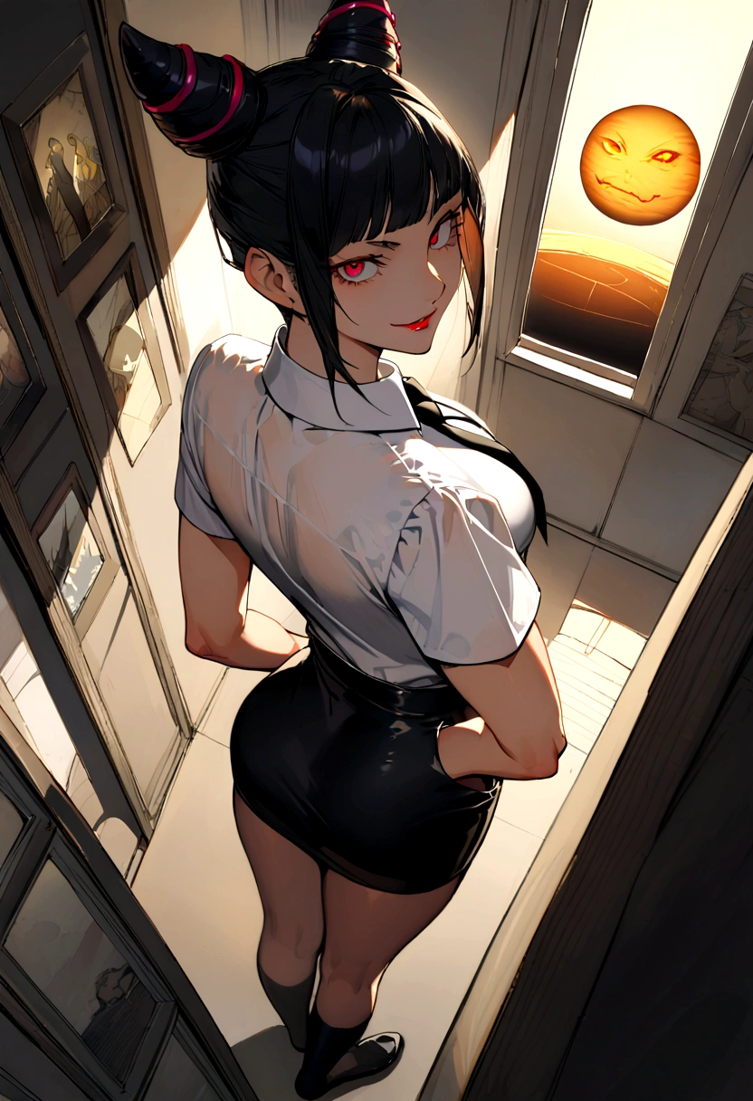 juri han, looking back,hands in pocket,work of art, tight white secretary shirt with black tie, black high waist skirt, short skirt,stocking, black hair, black tightscary sun,office,bangs on the eyes,lighting,horn of hair,view from above,evil smile,Linda