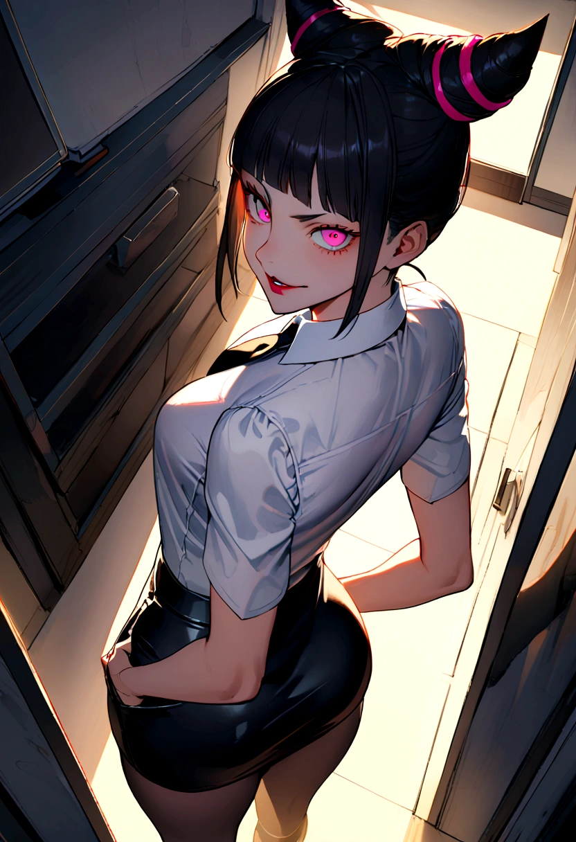 juri han, looking back,hands in pocket,work of art, tight white secretary shirt with black tie, black high waist skirt, short skirt,stocking, black hair, black tightscary sun,office,bangs on the eyes,lighting,horn of hair,view from above,evil smile,Linda