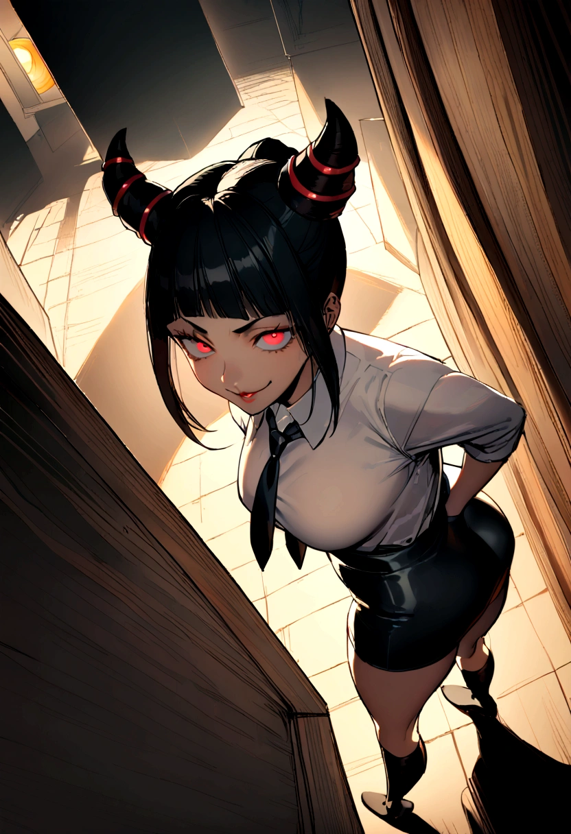 juri han, looking back,hands in pocket,work of art, tight white secretary shirt with black tie, black high waist skirt, short skirt,stocking, black hair, black tightscary sun,office,bangs on the eyes,lighting,horn of hair,view from above,evil smile,Linda