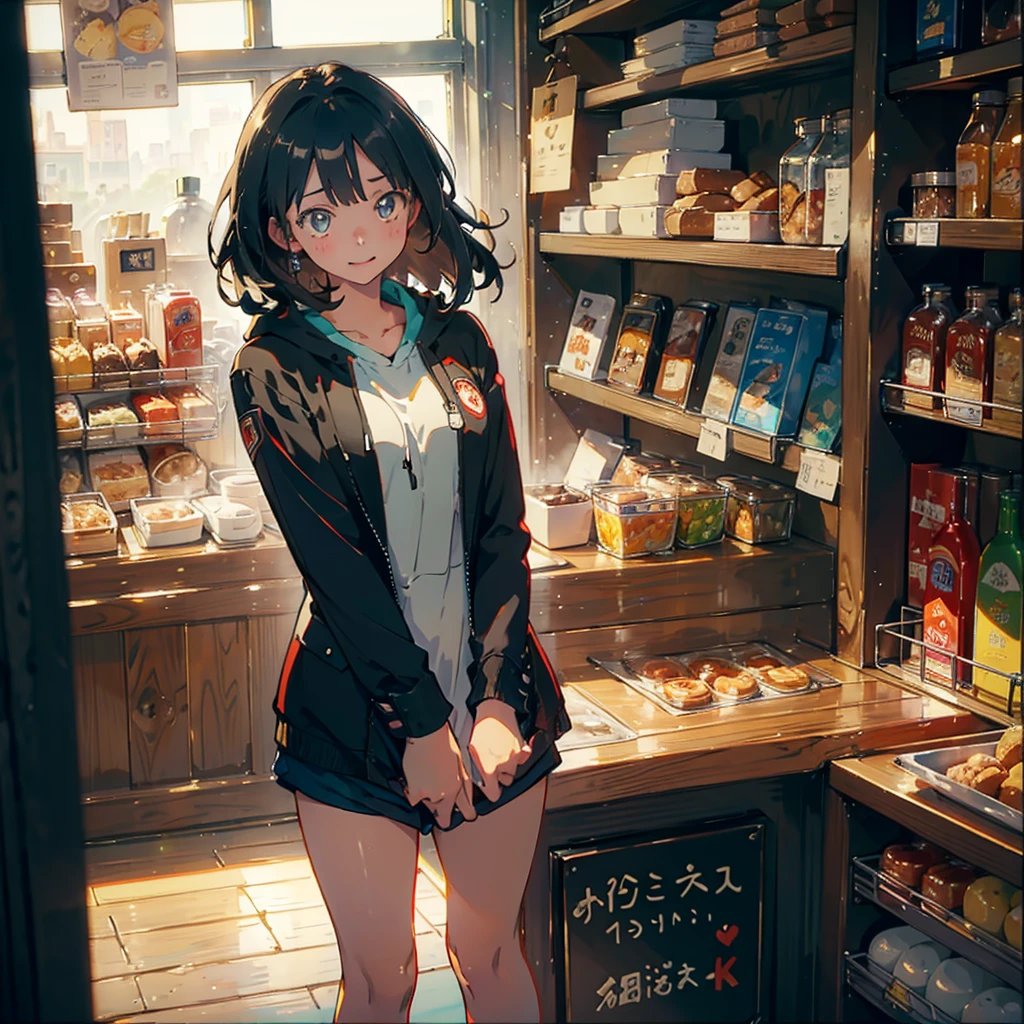 (masterpiece), (high resolution 8K), professional illustration, 1 girl, late teenage, standing, long shot, dutch angle, , blazer, hoody, shorts, medium hair, happy laughing, looking away, cafe in Tokyo, morning, natural lighting, high contrast, stunning face, symmetrical clear eyes, detailed eyes and face