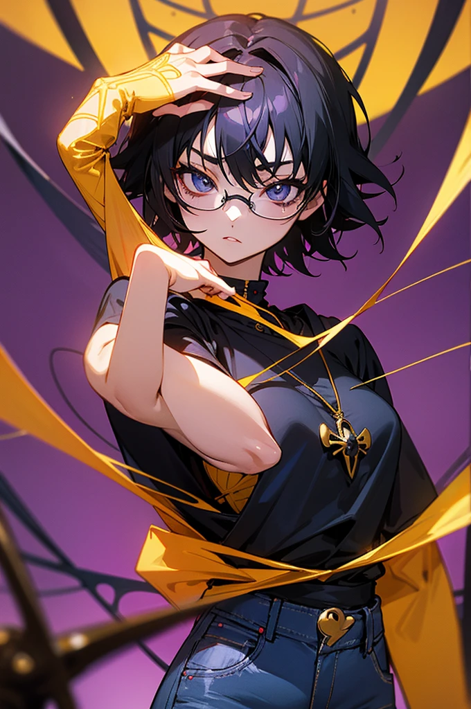 a sexy girl,Shizuku Murasaki, hxh, black hair, short hair ,short-layered black hair with, black glasses, black longsleeve, blue jeans, big eyes, golden cross pendant, spider tattoo on abdomen
