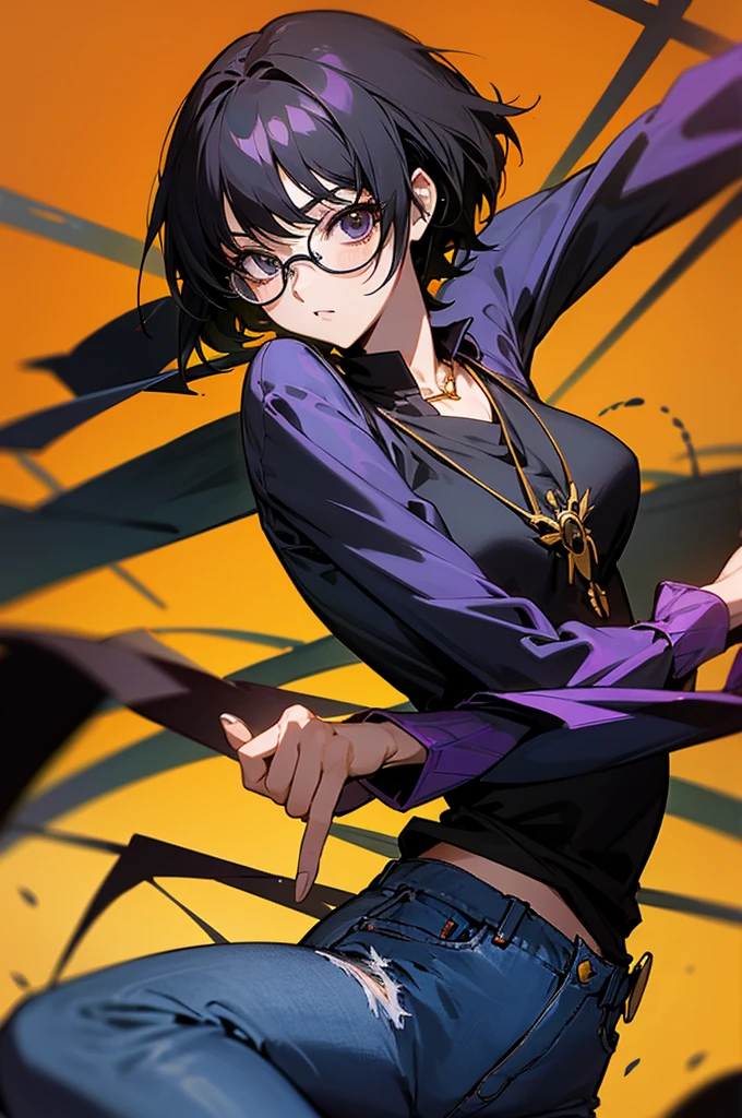 a sexy girl,Shizuku Murasaki, hxh, black hair, short hair ,short-layered black hair with, black glasses, black longsleeve, blue jeans, big eyes, golden cross pendant, spider tattoo on abdomen