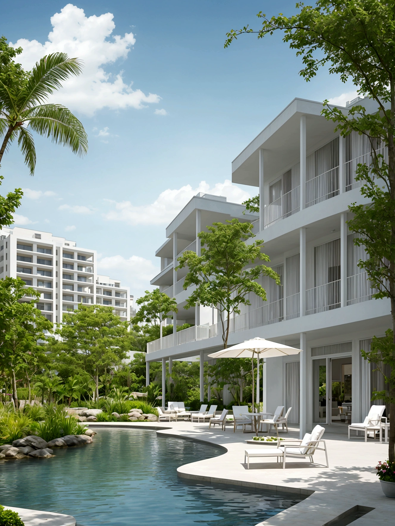 Resort、Relaxing balcony、beautiful flower、High-class chairs、Exclusive tables、Beautiful garden view、Pool、vivid
