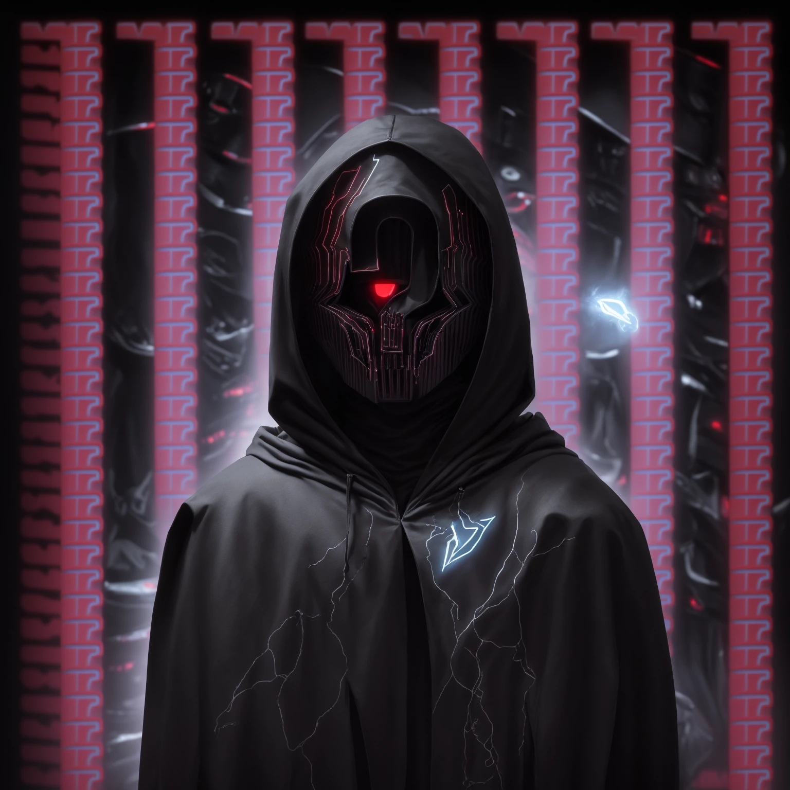Close-up of a person in a hoodie with a white question mark., Wear sci-fi cape with hood, A surreal hooded body., Sith Lords Obscured by Hats, Wily, Mysterious Person, ( ( hesitant ) ), Hooded body, DarkSynth character images, dmt entities, What 8k?, black transparent science fiction cover