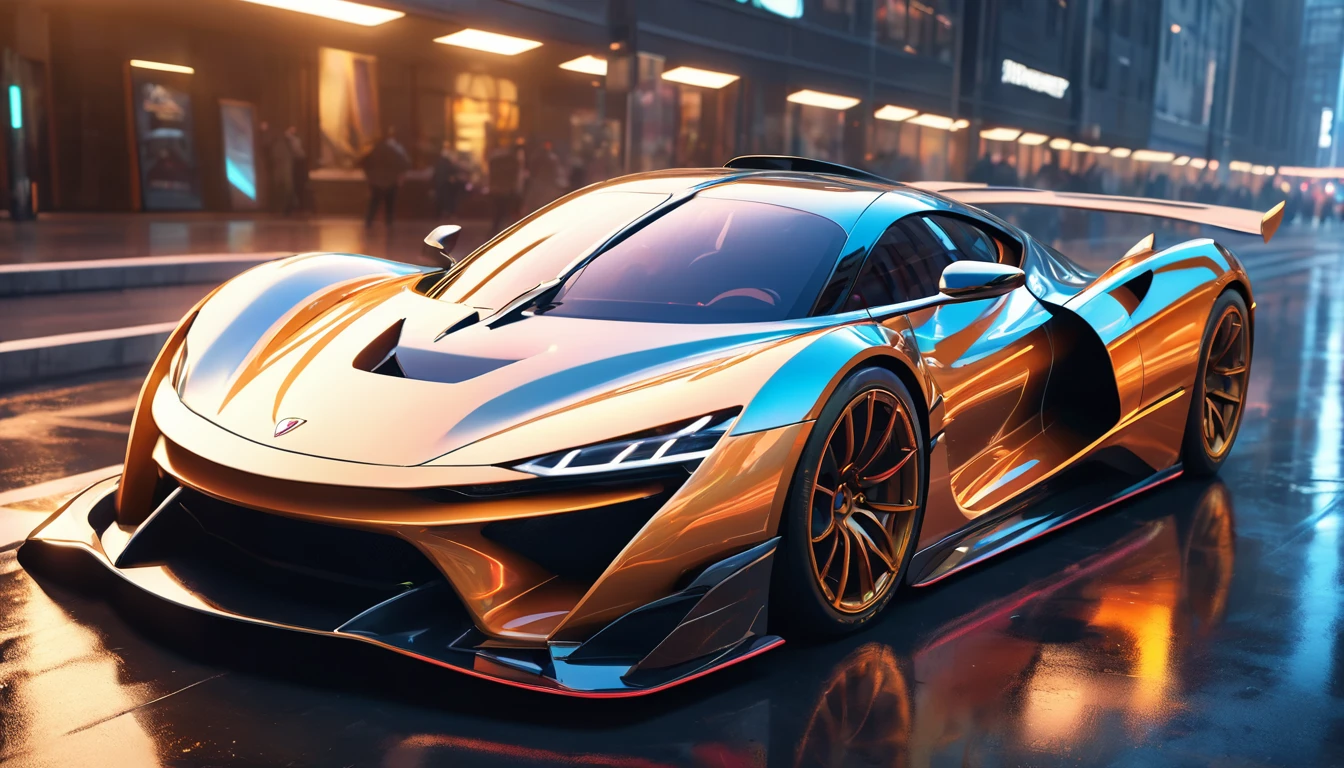 A high-detailed hypercar, sleek futuristic supercar, aerodynamic design, glossy metallic body, sharp angular features, glowing neon accents, advanced hover technology, impeccable reflections, cinematic lighting, photorealistic rendering, 8k, hyper-detailed, (best quality,4k,8k,highres,masterpiece:1.2),ultra-detailed,(realistic,photorealistic,photo-realistic:1.37),concept art,cinematic,dramatic lighting,vibrant colors,dynamic composition