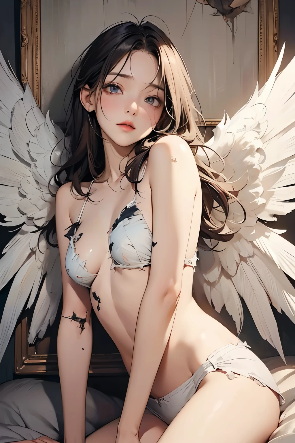Angel with Broken Wings、(Tattered Wings:1.4)、Sexy and cute、Tired look、