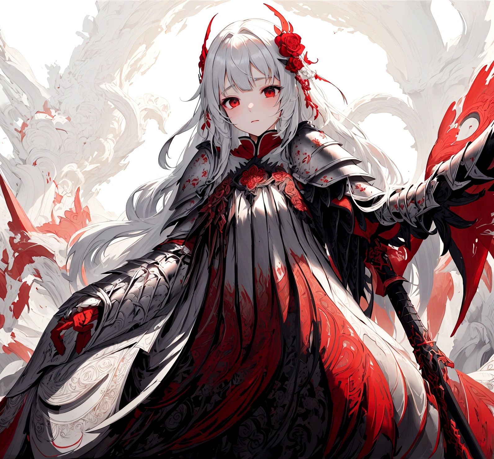 truncation、official art、Unity8k wallpaper、Super detailed、Beautiful and elegant、masterpiece、Strict quality、Super reasonable shooting,((The eyes are very detailed))、(Very detailed)、(Zentangle、and mandala、Tangles、pester)、(Fractal art:1.3)、1 girl in、Highly detailed dynamic angles、Cowboy shooting、((female knight))、Delicate face，kawaii side，young woman，fit，Smaller bust，Decorate yourself in shining armor、Wield the legendary sword、pajamas(Heavy armor:1.3), (White Armor: 1.3) , apparel(Red cape: 1.3), beautiful knight, Full body portrait， The flames light up the ground,Wield the legendary sword、(((+++Black mist is rendered on the body))))],The most beautiful form of chaos、elegant、brutalist design、Colorful、romanticism、James Jean、Robbie DeViantano、Rostran、French Bacon、Michal Murash、Adrian Jenny、Petra Corright、Gerhard Richter、Shanlong people、abenwood、atmosphere、The ecstasy of notes、Streaming note visibility、((female knight))