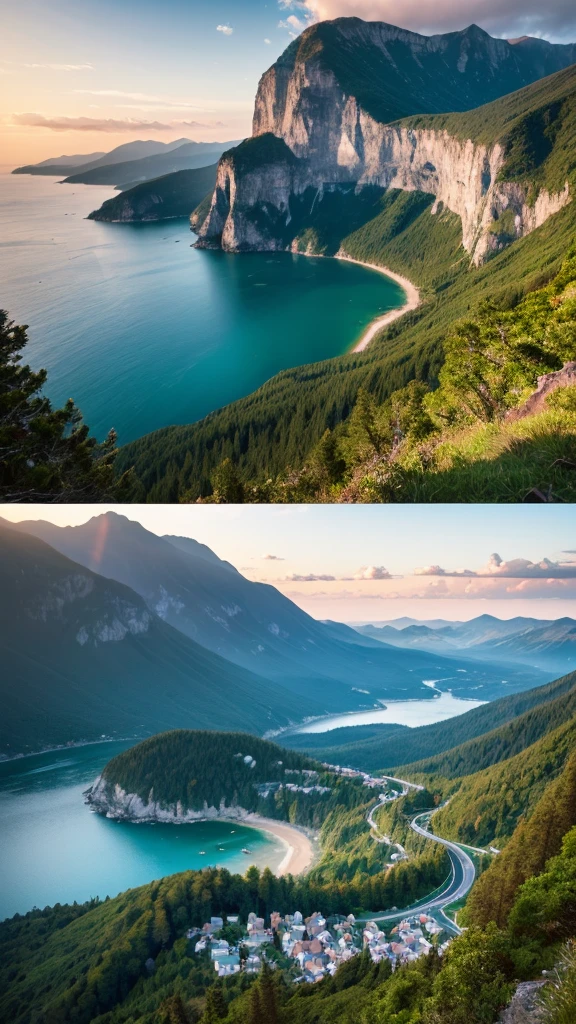 Alpine Forest Landscape Photo,Steep mountain roads,Clear and transparent lake,wood,Bushes,Fallen leaves,Dawn Sun,Kasumi,Cliffs and mountains,Dilapidated,Lonely,cold,Foggy sky,Not a dazzling morning sun,Nightmare vision,Dark fantasy plot,Perfect and excellent composition,8K resolution,detailed,restricted,close ultra-wide angle shot,there is a picture of a beach with a pier in the distance, today\'s featured photograph 4k, clouds and wings and waves, clouds and waves, oceanside, crisp lines, harmony of swirly clouds, epic blue sky, seascape, heaven on earth, wide angle landscape photography, epic wide angle, wispy clouds, big sky, big blue skyRealistic,Beautiful sky,Colorful clouds float,True to life, The private parts are clearly visible, Perfect perfection, Digital single-lens reflex camera, 1024, 2048, 4096, detailedな, sharp, Best Quality, high quality, Absurd,Unattended background,Very detailed、detailedな照明の影,Art Station Trends、Complex、expensivedetailed、dramatic、(Volumetric Lighting:1.2)HDR shot。(close,Super Depth of Field,Ultra Wide Angle,Microfocal Lenses:1.2)(Realistic:1.4)Masterpiece、expensive、expensive品質、beautiful photo,Global Illumination