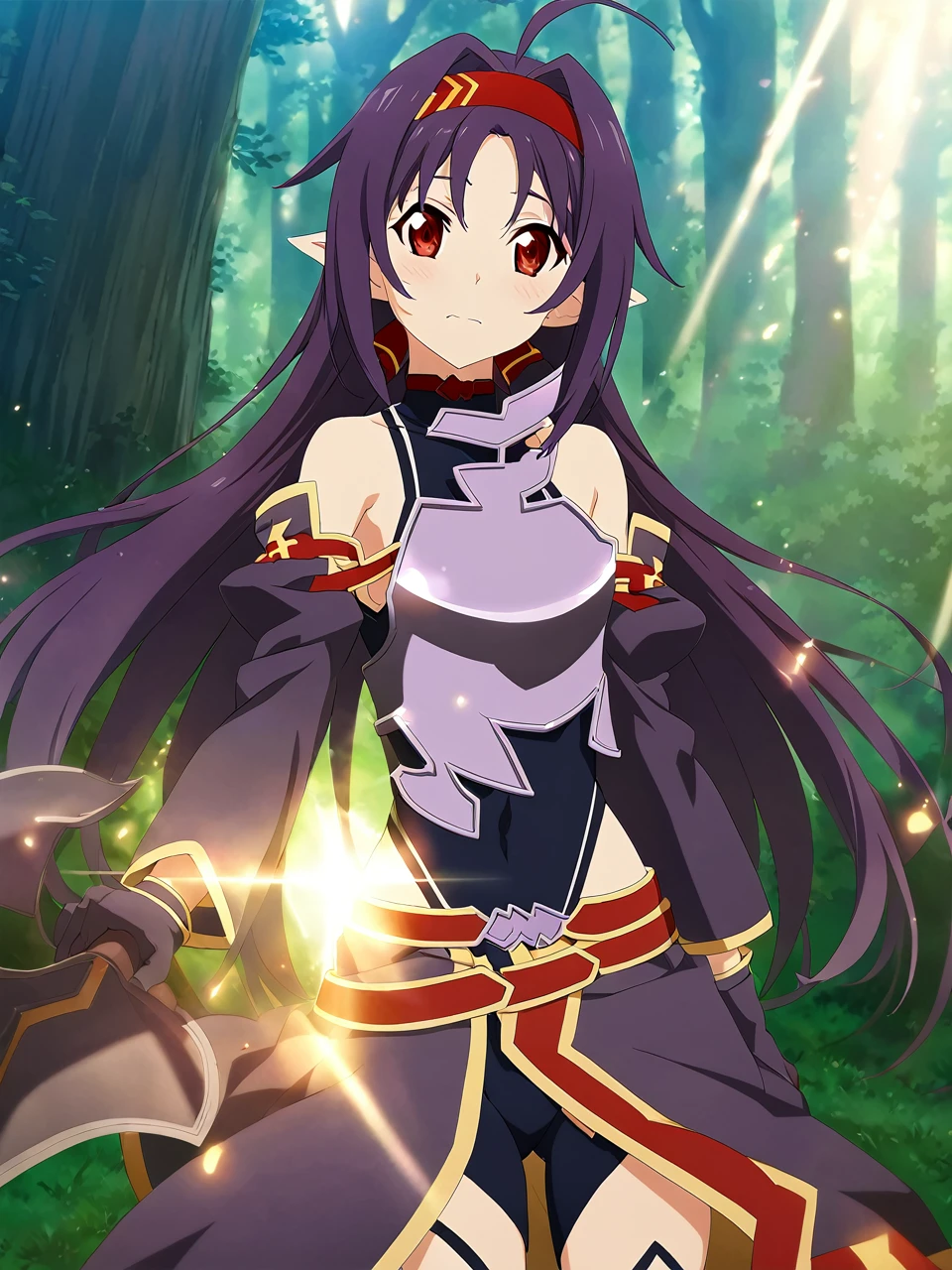 Yukibase, Purple Hair, Long Hair, Ahoge, Red eyes, Pointed Ears, hair band, armor, breastplate, Removable sleeves, leotard, Purple Skirt, Bare shoulders, gloves, One girl, Solo Break Magical Forest, Speckled sunlight, sunset, Depth of written boundary, Cinematic, Game CG, Anime screenshots, Official Art, masterpiece, Highest quality
