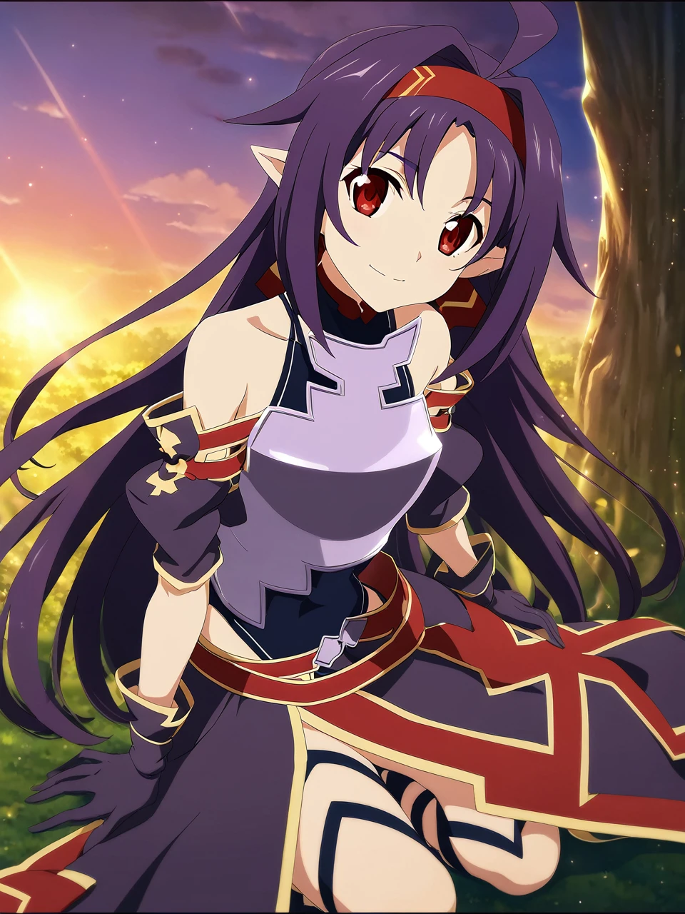 Yukibase, Purple Hair, Long Hair, Ahoge, Red eyes, Pointed Ears, hair band, armor, breastplate, Removable sleeves, leotard, Purple Skirt, Bare shoulders, gloves, One girl, Solo Break Magical Forest, Speckled sunlight, sunset, Depth of written boundary, Cinematic, Game CG, Anime screenshots, Official Art, masterpiece, Highest quality
