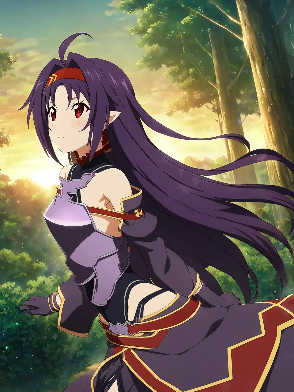 Yukibase, Purple Hair, Long Hair, Ahoge, Red eyes, Pointed Ears, hair band, armor, breastplate, Removable sleeves, leotard, Purple Skirt, Bare shoulders, gloves, One girl, Solo Break Magical Forest, Speckled sunlight, sunset, Depth of written boundary, Cinematic, Game CG, Anime screenshots, Official Art, masterpiece, Highest quality
