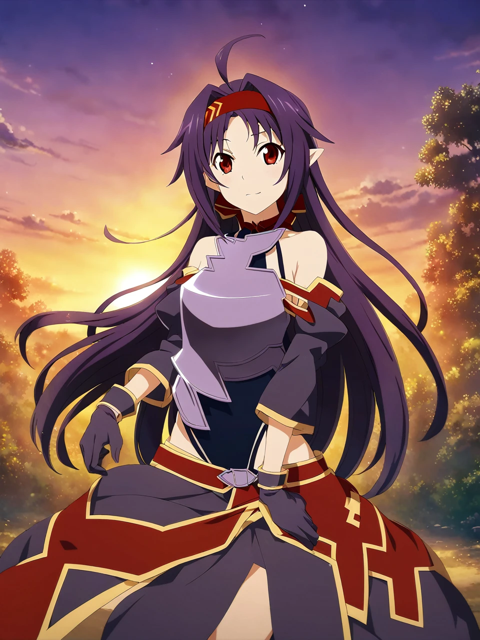 Yukibase, Purple Hair, Long Hair, Ahoge, Red eyes, Pointed Ears, hair band, armor, breastplate, Removable sleeves, leotard, Purple Skirt, Bare shoulders, gloves, One girl, Solo Break Magical Forest, Speckled sunlight, sunset, Depth of written boundary, Cinematic, Game CG, Anime screenshots, Official Art, masterpiece, Highest quality
