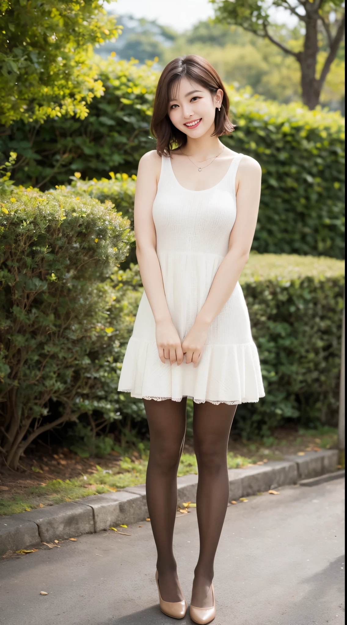 ulzzang-6500-v1.1,  (RAW Photos:1.2), (Photorealistic), Beautiful details, (Genuine: 1.4), A simple 33-year-old wife、(Wear a knit dress that shows off your beautiful body line.)、(Ultra-realistic pantyhose:1.3)、Thighs Thighs、Sit in the park、height: 156cm, A little chubby、Japanese Model, Short Layered Hair、Laughter、smile、Japanese Girls, A proper Japanese woman, Japanese Goddess, Innocence、Huge file sizes, High resolution, Very detailed, Highest quality, [masterpiece:1.6], Awareness-raising, Very detailed, Hmph, finely, Highest quality, 8k wallpaper, Cinema Lighting,  Cute droopy eyes、Beautiful big eyeasterpiece)), Highest quality, One mature woman, eye shadow, Portraiture, (((Full Body Shot:1.3)))、((とても愛情深いsmile:1.2))、(elegant brown hair:1.4)),((Short Hairstyles:1.4)), 　Shiny skin、Exposed thighs!!!、