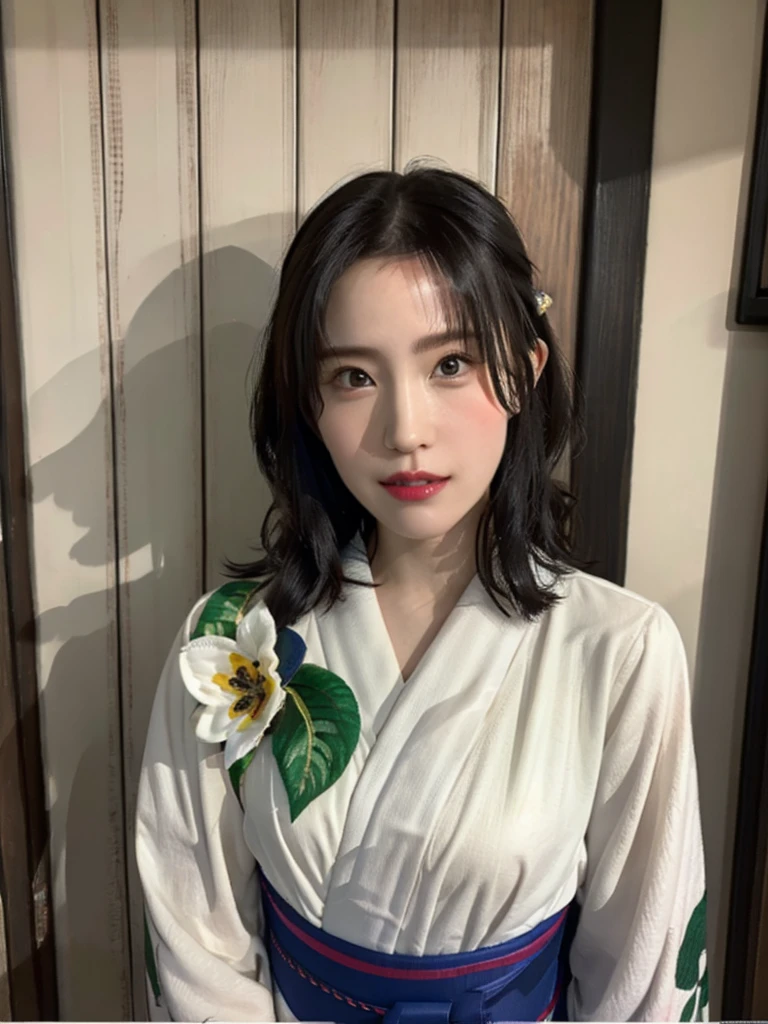 (Highest quality、8K、32k、masterpiece)、(masterpiece, Latest,Exceptional:1.2), anime, One Girl,Front hair,black_hair, 美しい8Kの目,Looking_in_audience,One person in,Are standing,((Very beautiful woman, Fuller lips, Japanese pintern kimono))、((Colorful Japanese kimono)))、(((Medium Shot)))、blunt bungs、(High resolution)、Very beautiful face and eyes、1 Girl 、Round and small face、Tight waist、delicine body、(Highest quality high detail Rich skin details)、(Highest quality、8K、Oil paints:1.2)、Very detailed、(Realistic、Realistic:1.37)、Bright colors、(((blackhair)))、(((longhair)))、(((cowboy pictures)))、((( Inside  old Japanese house)))、(masterpiece, Highest quality, Highest quality, Official Art, beautifully、beautiful:1.2), (One Girl), Very detailedな,(Fractal Art:1.3),colorful,Most detailed,Sengoku period(High resolution)、Very beautiful face and eyes、1 Girl 、Round and small face、Tight waist、Delicine body、(Highest quality high detail Rich skin details)、(Highest quality、8K、Oil paints:1.2)、(Realistic、Realistic:1.37)、By Greg Rutkowski：Alphonse Mucha Ropp, pink lip
