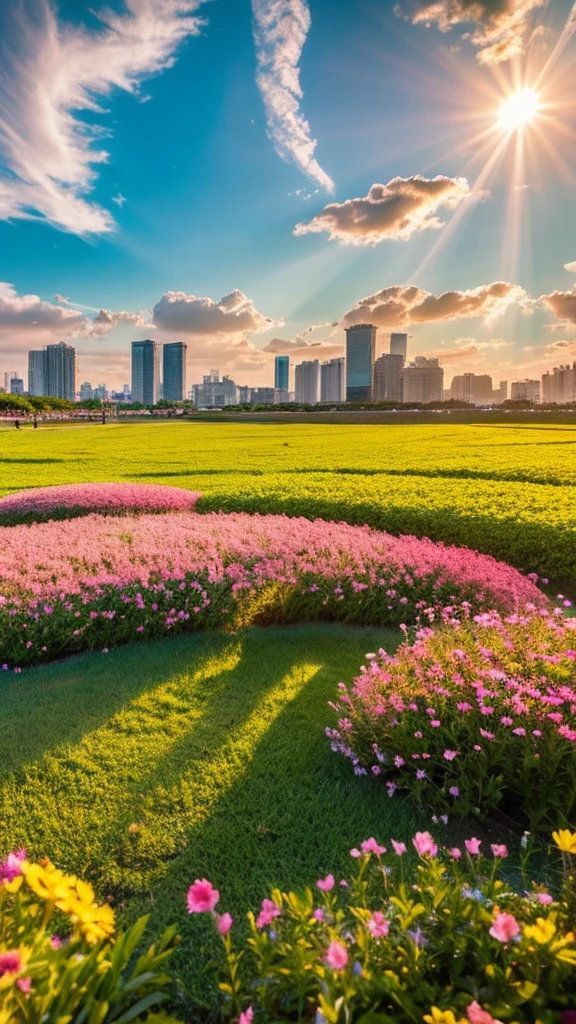 a close up of a field of flowers with a sky in the background, god's rays highly detailed, rays of life, god's rays, rays of god, there is a picture of a beach with a pier in the distance, today\'s featured photograph 4k, clouds and wings and waves, clouds and waves, oceanside, crisp lines, harmony of swirly clouds, epic blue sky, a view of a city with tall buildings and a green park, tokyo japan, tokyo city, tokyo city in the background, tokio, tokyo, japanese city, tokyo prefecture, new tokyo, aerial view of a city, tokyo in the background, bird's eye view of a city, modern tokyo, japanese downtown, osaka skyline background, in tokio, shinjuku seascape, heaven on earth, wide angle landscape photography, epic wide angle, wispy clouds, big sky, big blue sky god sun rays, few sun rays, rays of god shining from above, rays of the sun, sun rays at sunset, rays of sunlight, godly light, rays of sunlights, rays of sun
