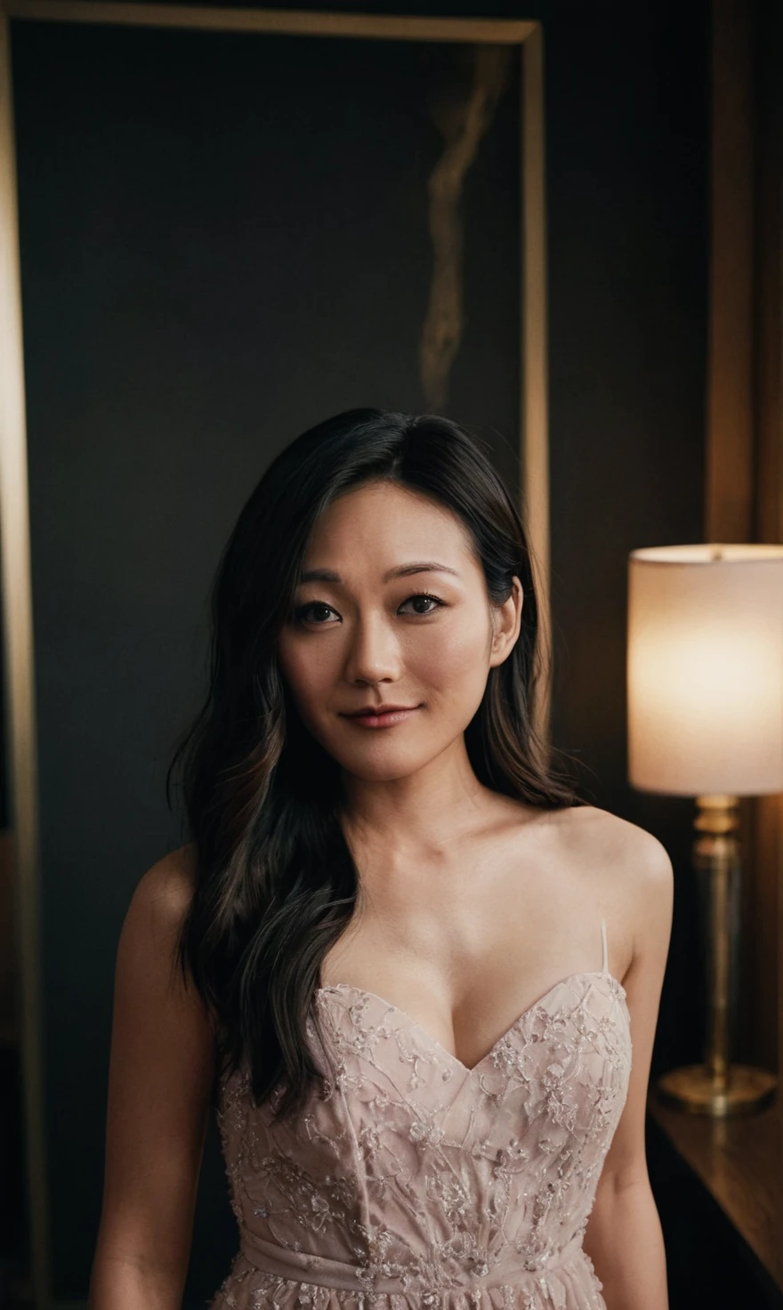 a beautiful picture of fukuharaXL ,woman,dark hair,detailed skin texture,masterpiece, photorealistic, light, RAW color photo,(fully in frame:1.1), (blush:0.5), (goosebumps:0.5),wearing a dress,detailed face,indoors, (smile:0.5), film grain,cinematic lightning,