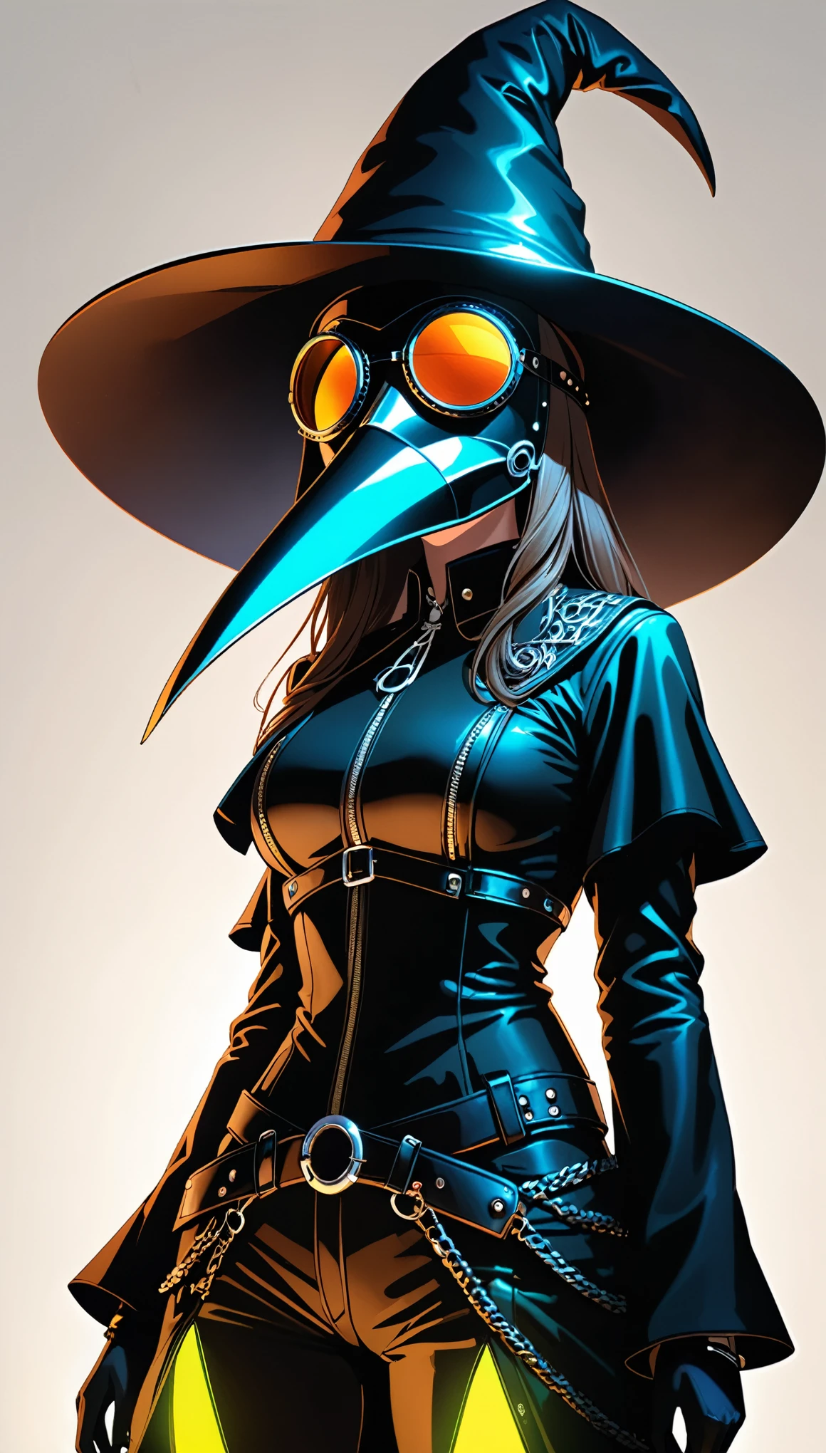 in style of Karol Bak,
(1girl:1.4),(lori :1.8),(loose hip-hop outfits:1.1),(internally stained giant wide-brimmed (wizard hat):1.1),silhouette,(metal plague doctor mask:1.4),glowing light,(((neon glowing round sunglasses))),unable to see the eyes,(large area blank:1.4),blank,white_background,
(from_below:1.6),(solo:1.5),depth of field,hyper-real,unreal engine,oc rendering,high quality,full hd,details:,leica lenses,