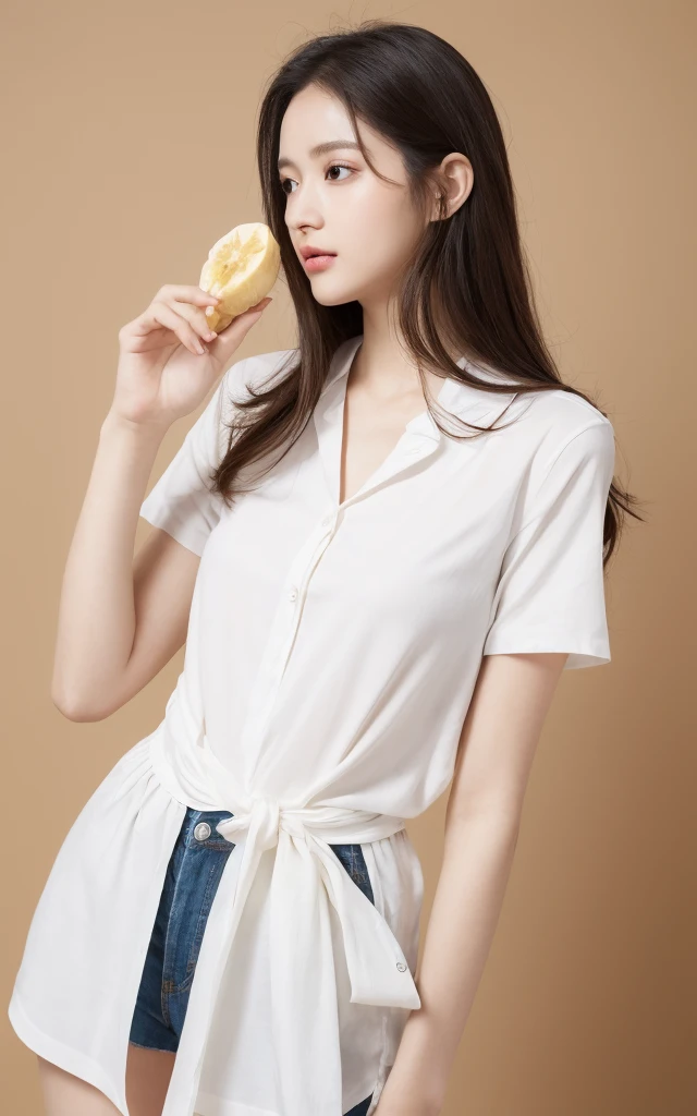 1. For women, Beautiful female model holding a banana, Wearing a white shirt, The model's skin is healthy and clear, Banana commercial photo, Clean atmosphere, In the Studio, Photographed with a Hasselblad camera, Medium format, Dramatic lighting