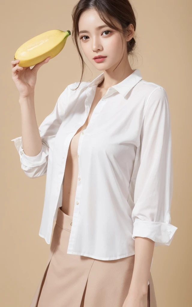 1. For women, Beautiful female model holding a banana, Wearing a white shirt, The model's skin is healthy and clear, Banana commercial photo, Clean atmosphere, In the Studio, Photographed with a Hasselblad camera, Medium format, Dramatic lighting