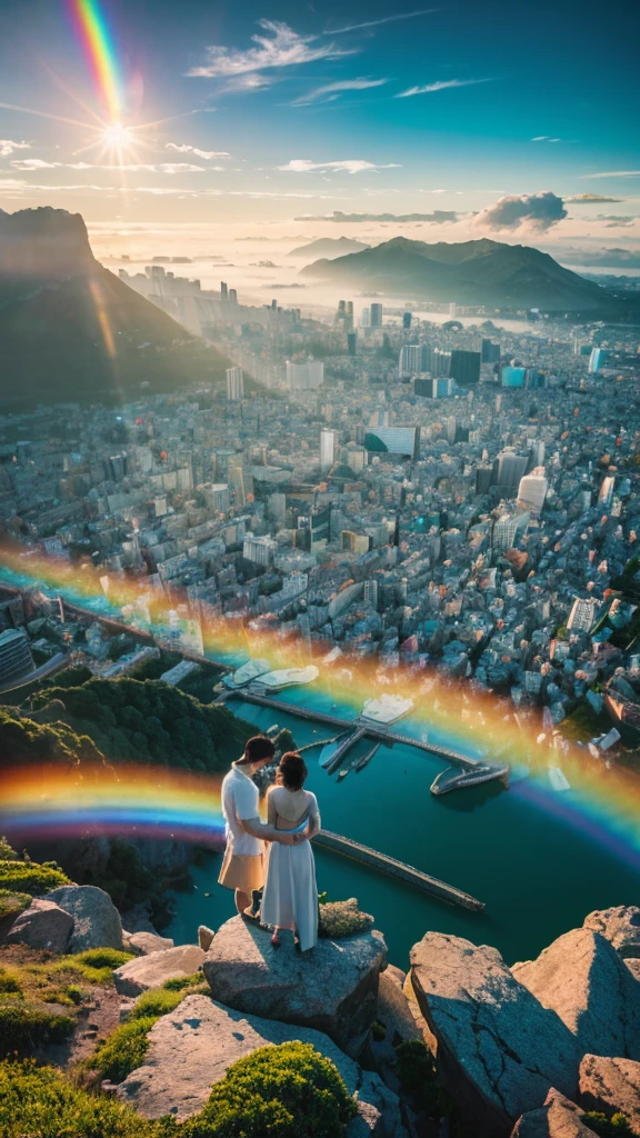 there is a rainbow in the sky over a beach with rocks and pebbles, an illustration of by Igor Grabar, trending on shutterstock, fine art, seashore, magical beach, sunny rainbow galaxy stormy sea, colorful hd picure, near the seashore, rainbow reflections, just one rainbow 8 k, beach landscape, still of rainbow ophanim, calm vivid colors a view of a city with tall buildings and a green park, a picture by Naondo Nakamura, unsplash, sōsaku hanga, tokyo japan, there are two people climbing up a mountain with a view of the clouds, a detailed matte painting inspired by Michael Komarck, unsplash, romanticism, chamonix, photo epic of the year, max rive, breath taking, epic stunning atmosphere, national geographic footage, rise above clouds, stunning skied, above the clouds, gopro footage tokyo city, tokyo city in the background, tokio, tokyo, japanese city, tokyo prefecture, new tokyo, aerial view of a city, tokyo in the background, bird's eye view of a city