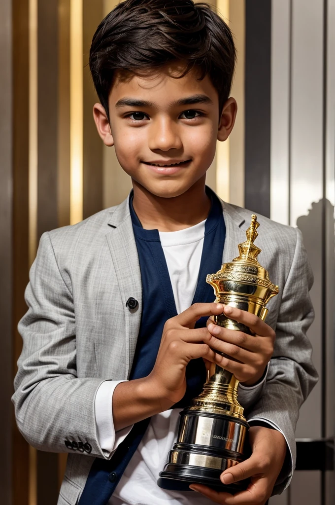 A boy handling trophy is in the hand clicking himself while holding a trophy in his hand