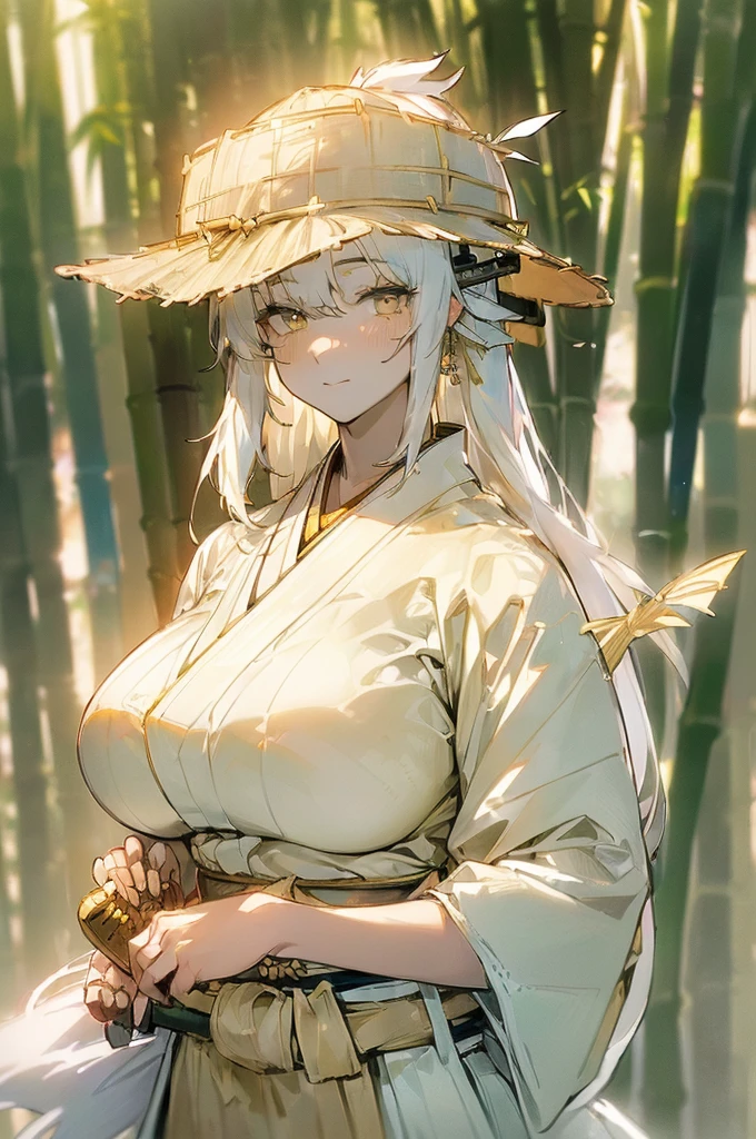{masterpiece, distinct_image, extremely detailed CG, (extremely detailed fine touch:1.2), (natural light, sun light, light rays, dappled light, ray tracing:1.2), beautiful eyes and detailed face,white ink splashing, photo realistic, 4k, 8k, high_resolution,(perfect_finge:2.0), (beautiful_detailed_eyes:1.3), glitter, white_light, (glow_white_face, front_light:1.3),{1girl, face_focus, looking for_in_viewer, upper_body, dynamic angle, standing, fighting stance, put own sword in sheath, own hand on own waist },{adult, (huge_breasts, wide_hip:1.3), (White sword sheath on waist,Japanese white hakama, white long haori, Detailed sword handle, light yellow_bamboo_hat:1.7),(white_hair, white_eyes, long_hair, fluttering hair, slanted_eyes, bangs:1.4), white background}