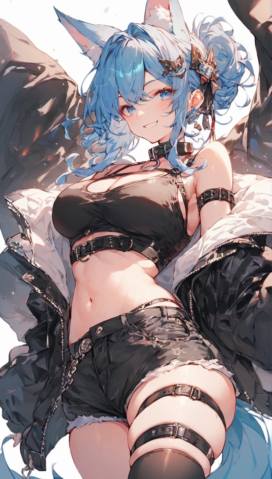 score_9,score_8,score_7,score_8_up,score_7_up an anime cat woman with gray and blue hair is posing in a black outfit, animal ears, skindentation, 1girl, tail, solo, blue eyes, thighhighs, navel, smile, thighs, blue hair, fox tail, collar, hair ornament, midriff, clothing cutout, thigh strap, looking at viewer, crop top, black thighhighs, shorts, fox ears、Cowboy shots,