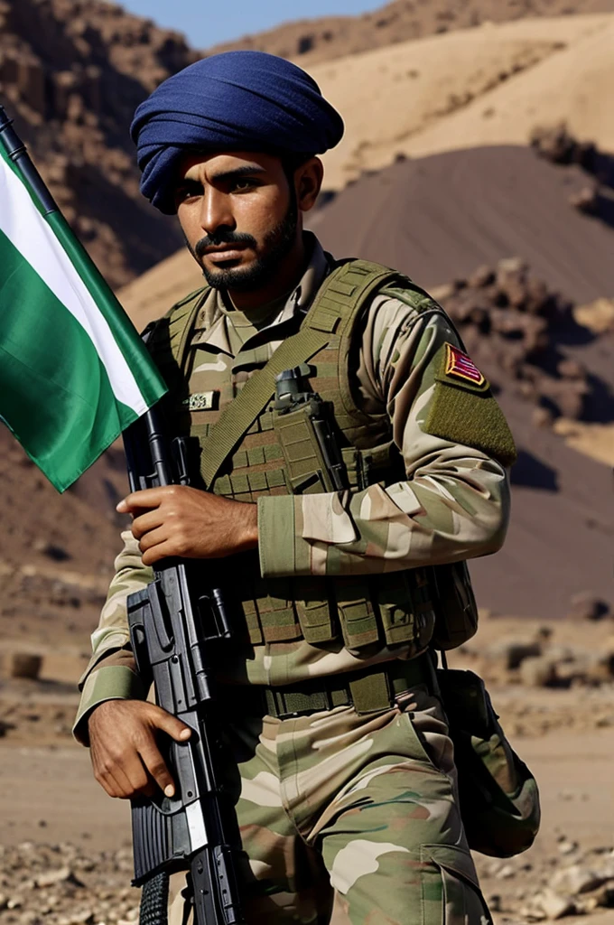 Generate me images of yemeni soldiers with flag defending their country 
