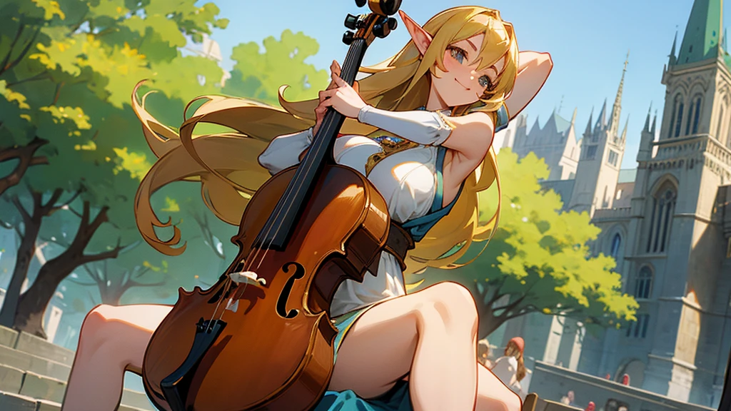 Anime Style,Nostalgic,Detailed background,The medieval world,A bustling square with many people,Smiling bard beautiful elf girl,cello,Large Breasts,Underarm,Healthy thighs