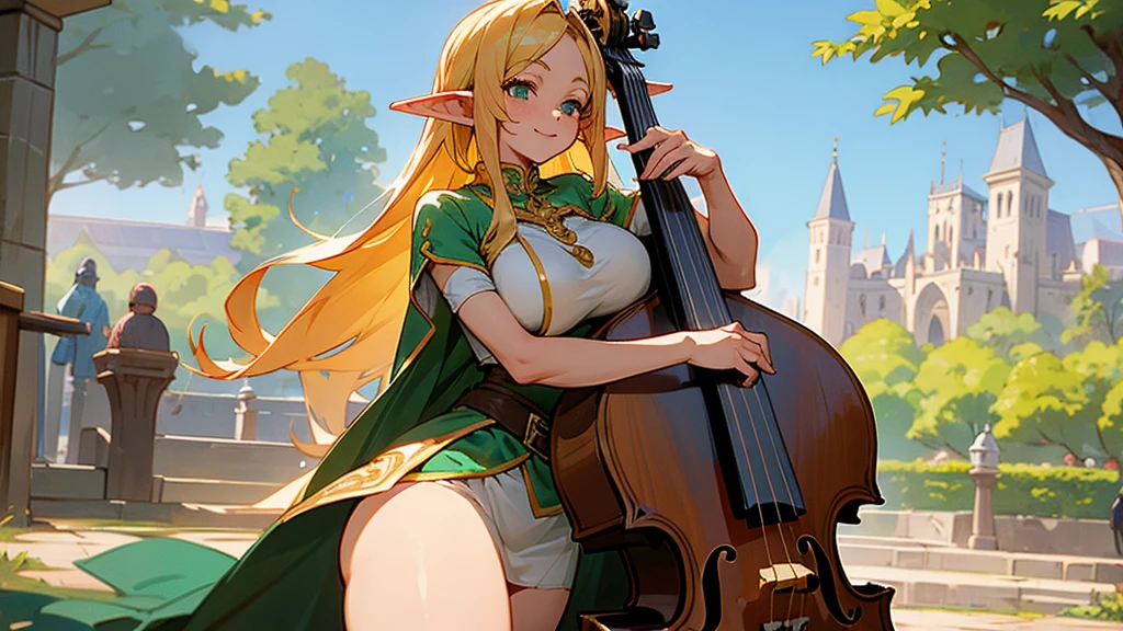 Anime Style,Nostalgic,Detailed background,The medieval world,A bustling square with many people,Smiling bard beautiful elf girl,cello,Large Breasts,Underarm,Healthy thighs