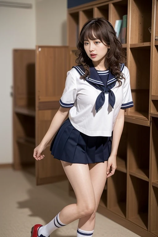 (((Perfect Anatomy、Anatomically correct、Ultra-dense skin)))、Shiny skin、Watching the viewer、((Back view、From below))、Beautiful Hair、Beautiful Face、Fine and beautiful eyes、(blue eyes、Baby Face、Mole under the eye、Beautiful clavicle、Beautiful body、Beautiful breasts、Camel Toe、((Short sleeve、Cute sailor uniforms, all in navy blue、Dark navy pleated skirt、Navy blue sailor color、Sailor scarf、socks、Brown Loafers))、誘惑的なThighs、(Red Slave Collar)、((Embarrassing、was scary、sad、Half mouth))、standing、(((Leaning forward)、take off your clothes、Raise one leg、Pulling on white panties))、(Beautiful Landscape)、summer、School、locker room、8K、Highest quality、masterpiece:1.2、Very detailed)、(Real)、Beautiful illustrations、Natural light、whole body、Red lipstick、Thighs、Long legs、Long legs、Curly Hair、