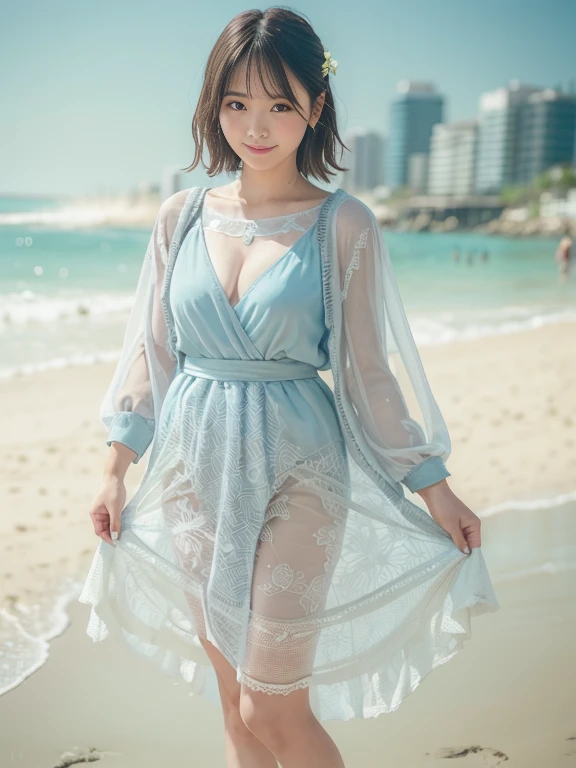 Photo-realistic quality、A Japanese woman standing on the beach wearing a pale gray-blue sheer dress, 、The skirt is transparent due to the backlight、realistic Young Gravure Idol, Young and cute gravure idol, Young Sensual Gravure Idol, Young and skinny gravure idol, Japanese Model, Young Gravure Idol, Girl cute beautiful face, Cute seductive smile, A sophisticated gravure idol, Beautiful Japanese girl face、looking at the camera、Detailed and beautiful eyes、A soft and gentle look